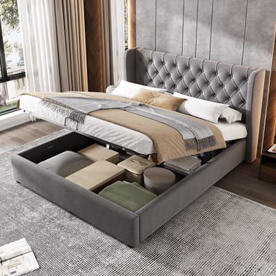 Sweiko Oorvormig kussenbed, fluweel, tweepersoonsbed, 140.190, hydraulisch functiebed met platte noedelsbasis en opbergruimte, grijs