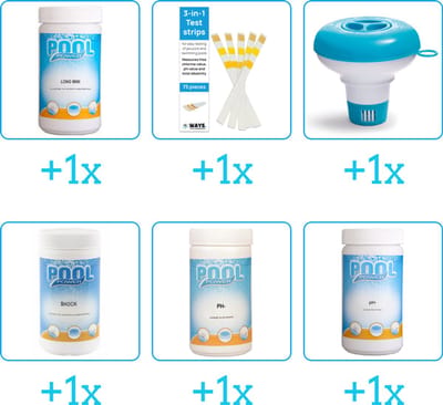 Zwembad Onderhoudspakket - Onderhoud Zwembad - bevat Chloor - Testrips - Chloordrijver - Chloor - PH-min en PH-plus (6-delig)