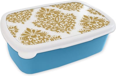 Broodtrommel Blauw - Lunchbox - Brooddoos - Vintage - Bloemen - Goud - Patronen - 18x12x6 cm - Kinderen - Jongen