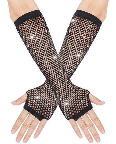 Allecto - Vingerloze handschoenen - Glitter visnet handschoenen - Zwart - Jaren 80 kostuum - Sprankelende accessoires - Geschikt voor feesten - Eén...