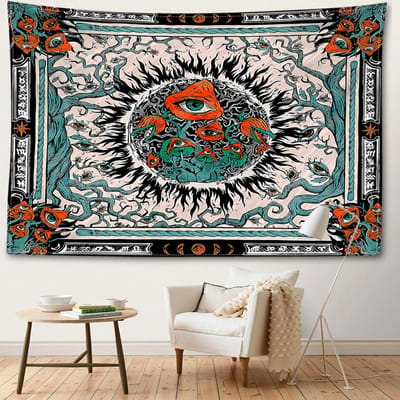Tapisserie murale fantaisie mandala fleurs et plantes yeux mystérieux bohème sorcellerie chambre décoration d'intérieur 95x73CM black