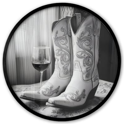 Poster in lijst Rond - Fotolijst 40x40 cm - Posters - Wijn - Cowboylaarzen - Raamlicht - Wit - Ronde posterlijst zwart - Decoratie - Wanddecoratie woonkamer - Muurdecoratie slaapkamer