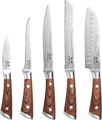 Shinkami® - 5-delige Japanse Messenset met Slijpsteen – Samurai-stijl – RVS Keukenmessen – Inclusief Dubbelzijdige Wetsteen (400/1000)