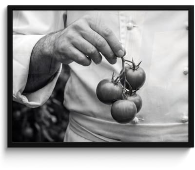 Poster in lijst - Fotolijst 80x60 cm - Posters - Tomaten - Chef - Zwart - Wit - Posterlijst zwart - Decoratie - Wanddecoratie woonkamer - Muurdecoratie slaapkamer