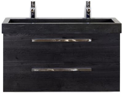 Seville Badmeubelset 100 cm - Black Oak - Wastafel Hardsteen Wit Lucca 2 Kraangaten