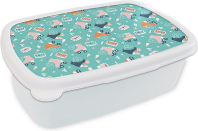 Broodtrommel Wit - Lunchbox - Brooddoos - Rolschaatsen - Patronen - Vintage - 18x12x6 cm - Volwassenen