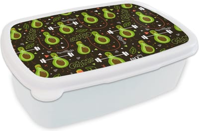 Broodtrommel Wit - Lunchbox - Brooddoos - Avocado - Fitness - Patronen - 18x12x6 cm - Volwassenen