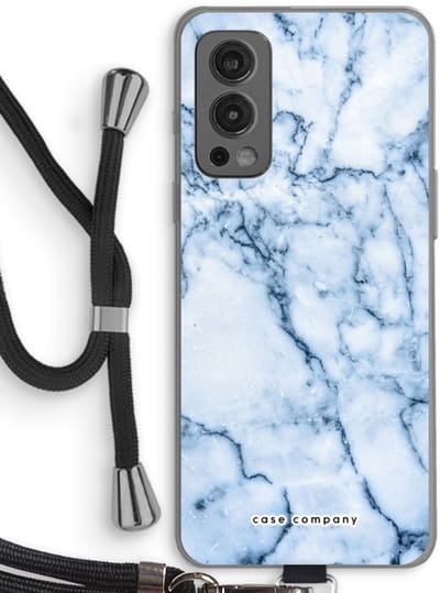 Case Company® - Hoesje met koord geschikt voor OnePlus Nord 2 5G hoesje met Koord - Blauw marmer - Telefoonhoesje met Zwart Koord - Bescherming aan alle Kanten en Over de Schermrand