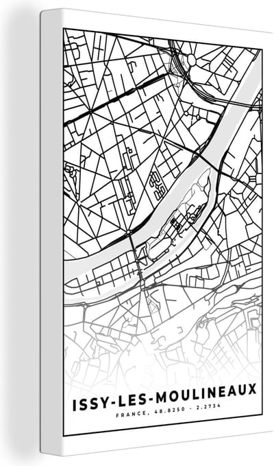 Canvas Schilderij Kaart - Stadskaart - Frankrijk - Plattegrond - Issy-les-Moulineaux - Zwart wit - 20x30 cm - Wanddecoratie