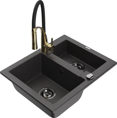 Mexen Carlos granieten spoelbak 1,5-kamer met keukenmengkraan Aster, zwart gespikkeld - 6518-76-73450-57-B