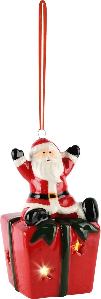 Dekoratief | Hanger santa op cadeautje, dolomiet, LED, 6x6x10cm | A245758