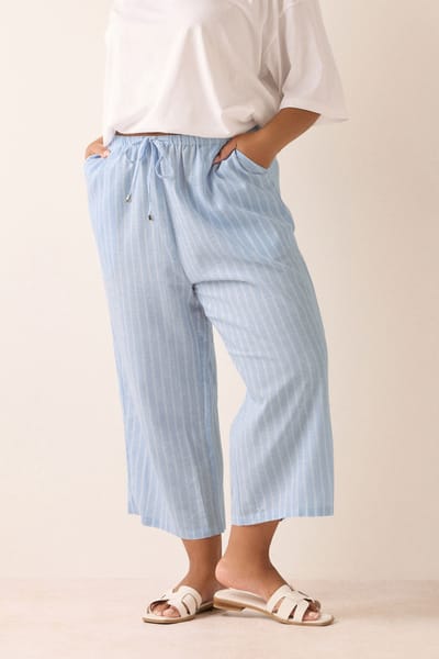 Yours Cropped Broek Van Linnenmix Met Strepenprint In Lichtblauw Size 42