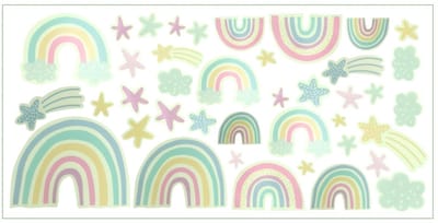 Dailygoods- Muurstickers Rainbow Wolken en Sterren - Fluorescent - Zelfklevend - Wanddecoratie Kinderen - 38x19 cm - Milieuvriendelijk PVC