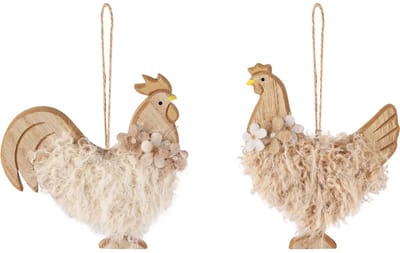 Dekoratief | Hanger kipje, wit/naturel, hout, 11x11x1cm, set van 2 stuks | A260628