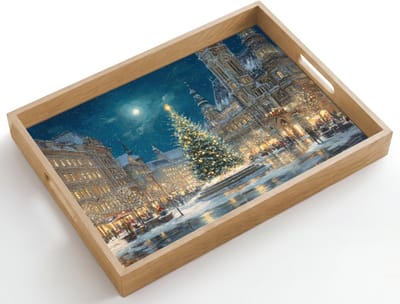 Dienblad hout 50x35 cm - Schootdienblad - Kerstnacht - Stadsplein - Meerkleurig - Borrelplank rechthoek - Plateau dienbladen