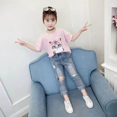 Vêtements pour enfants Filles Été Manches courtes Jeans Deux pièces Enfants Style coréen Mode Été Ample Respirant Décontracté Costume 110