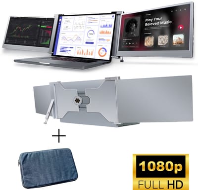 HoriVue Portable Monitor Max 15.6 Inch - Triple Screen - Full HD 60Hz - Extra Scherm Laptop - Draagbare Monitor - Laptop Scherm Uitbreider - Geschikt voor Apple en Windows - Inclusief Beschermhoes en Kabels - Tri Screen - Grijs