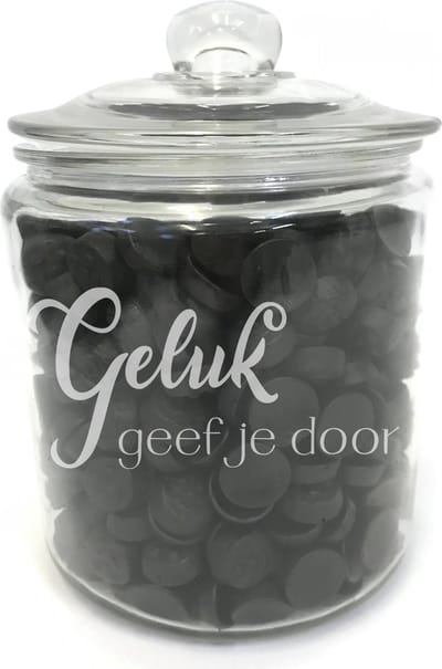 Grote snoeppot /koekpot (zonder drop) met tekst gravure QUOTE: GELUK GEEF JE DOOR. Cadeau-verjaardag-bedankje. Dik sterk glas. Het formaat is 25cm incl. deksel, 19cm doorsnede, inhoud 3,8 liter.