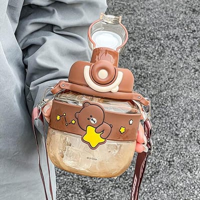 Bouteille d'eau Kawaii en Polymère Ours pour Enfants Apprenants Ventre Rond Double Paille pour Boire Tasse Grande Capacité École Anti-fuite Ket Utilisation Pratique 701-800ml brown