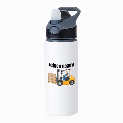 Hacebo® - heftruck met pallet met eigen naam waterfles met rietje zwart - Heftruck - mensen die werken in de magazijn - collega's - verjaardag - afscheidscadeau - geschenk - kado - water fles - 650ML