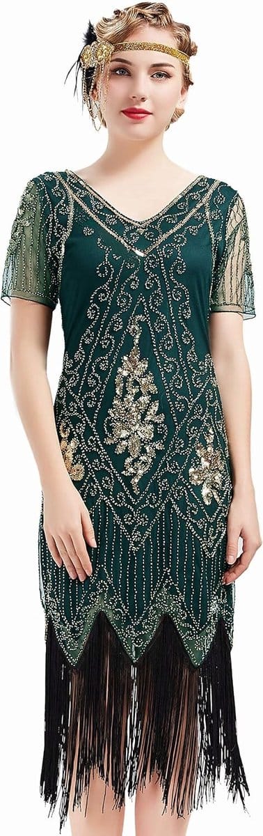 1920 Flapper Fringed Pailletten Jurk Brullende jaren '20 Fancy Jurk Gatsby Kostuum Jurk V-hals Vintage Kralen Avondjurk
