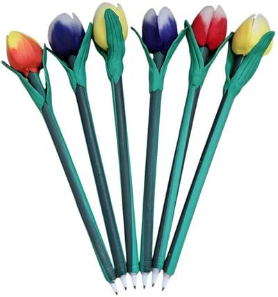 Tulp pennen mix 6 stuks - Blauwe balpennen - Medium punt (1.0mm) - Diverse kleuren