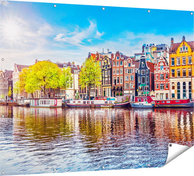 Gards Tuinposter Amsterdamse Huisjes aan het Water - 160x120 cm - Tuindoek - Tuindecoratie - Wanddecoratie buiten - Tuinschilderij