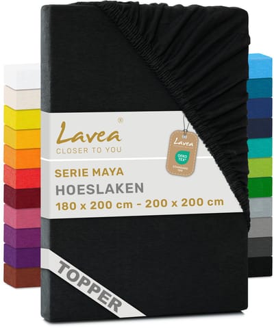 Lavea® Hoeslaken voor Topper/Topmatras 180x200 cm – 100% Katoen Jersey – Geschikt voor Topmatrassen tot 10 cm – Met Elastiek Rondom – OEKO-TEX Gecertificeerd – Zwart