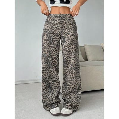 Retro Wassing Luipaardprint Casual Broek voor Dames met High Street Rechte Losse Losvallende Slankmakende Wijde Pijpen Hangende Broek XL gray
