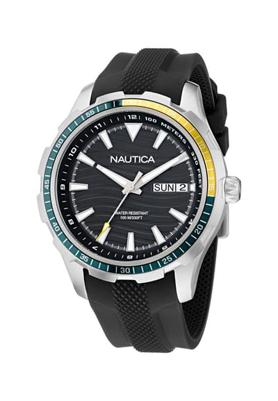 Nautica Nst Everyday Quartz Analoog Horloge Zwart Material 100% Roestvrij Staal & 100% Siliconaarmband 44 mm NAPNSF512