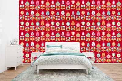 Behang - Fotobehang Patronen - Bloemen - Retro - Rood - Breedte 400 cm x hoogte 240 cm