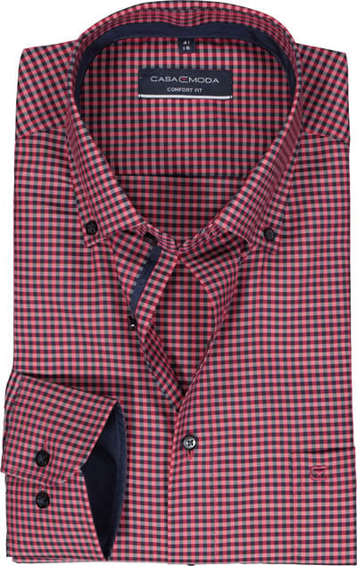 CASA MODA comfort fit overhemd - popeline - rood met blauw geruit - Strijkvriendelijk - Boordmaat: 39