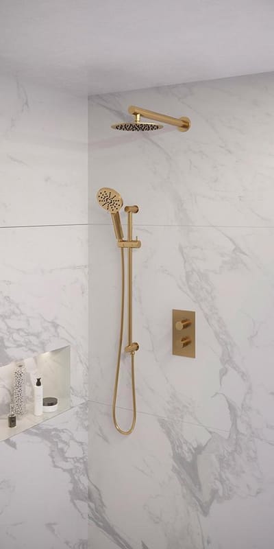Brauer Gold Edition thermostatische inbouw regendouche 3-weg omstelling SET 43 met 20 cm douchekop en rechte muurarm en 3-standen handdouche en doucheslang en geïntegreerde glijstang goud geborsteld PVD