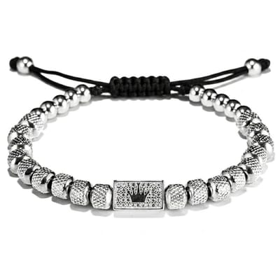 Heren armband – zilverkleurige kralen met kroon detail en zirkonia