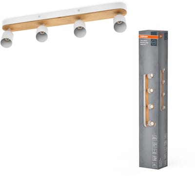 OSRAM LED Spot Wood Line Plafondspot 4x GU10, Wit/Hout decor, Staal/Rubberhout, draaibaar, IP20, Binnenruimte