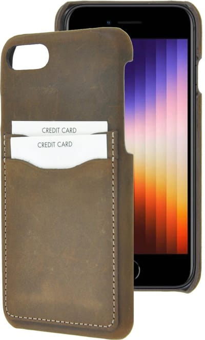 Hoesje Geschikt voor iPhone SE 2022 - Echt Leer Backcover - Met Pasjeshouder - iPhone SE2022 Case Echt Leder Back Cover Antiek Bruin