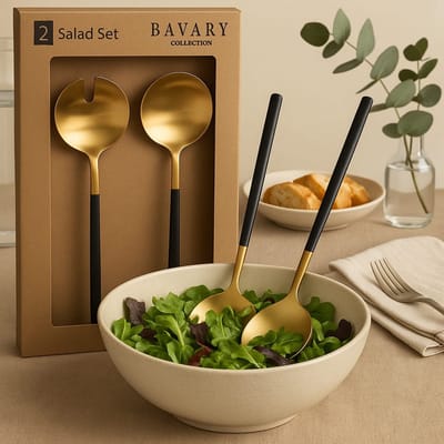 Bavary Collection 2-delige Saladebestek Set – Goud met Zwarte Handgreep – Luxe Slacouvert – RVS Saladebestek – 2 stuks