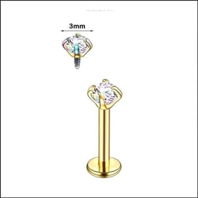 Aramat Jewels | Piercings | Elegante Zirkonia Labret Piercing – 8mmx1.2mm | Goudkleurig / AB Transparant / 3mm | |3mm | Staal | Volwassenen | Verkleurd niet