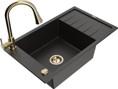 Mexen Elias granieten spoelbak met 1 bak met afdruiprek en keukenmengkraan Elia, zwart/goud metallic - 6511-75-670101-50