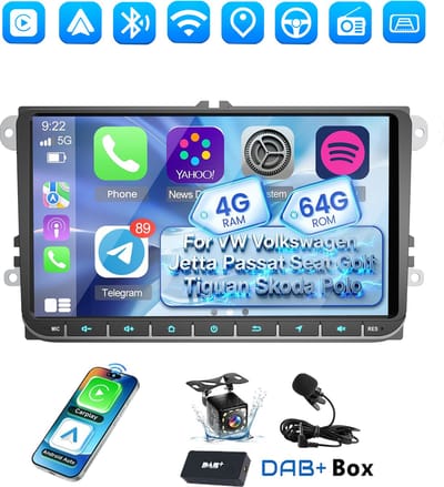 ESSGOO DAB+ Autoradio Geschikt voor Volkswagen, Skoda & Seat - Android 14 - 4+64GB - Apple Carplay & Android Auto - 9 Inch HD Touchscreen - Bluetooth, USB, WiFi & MP5 - Navigatiesysteem - Achteruitrijcamera & Microfoon