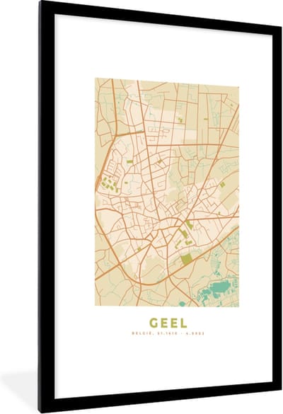 Fotolijst incl. Poster - Stadskaart - Vintage - Plattegrond - Kaart - Geel - 60x90 cm - Posterlijst