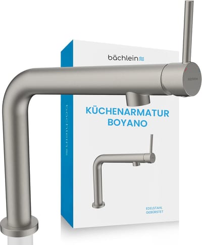 Bächlein Keukenkraan Boyano (Geborsteld roestvrij staal) - Draaibare ééngreeps spoelbakmengkraan van hoogwaardig messing - Kraan voor de keuken met naar voren gerichte hendel