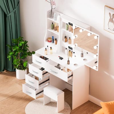 Kaptafel met LED-verlichting en Instelbare Helderheid - Cosmeticatafel met Spiegel, Kruk en 6 Laden