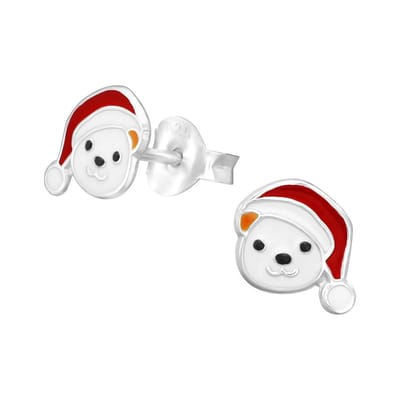 zilveren kinderoorbellen ijsbeertje met kerstmuts | Zilverana | kerst oorsteker meisje | Sterling 925 Silver (Echt zilver)