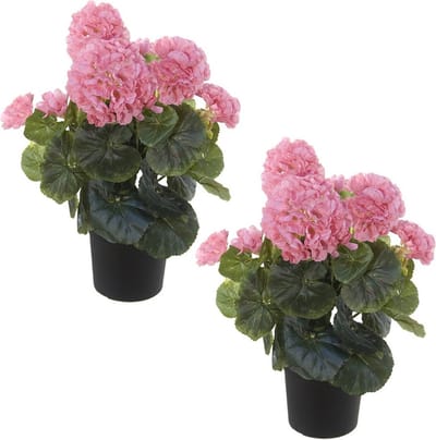 Roze geranium kunstplant in zwarte kunststof pot 35 cm - Set van 2x stuks - Pelargonium Graveolens - Woondecoratie