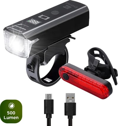 Exortus® Oplaadbare LED Fietsverlichting set - Fietslicht Set Wit En Rood – Fietslamp Geschikt Voor Elke (Race)fiets - Batterij Indicatie - Valbestendig & Waterdicht - Met licht sensormodus - Back to school - Ook te gebruiken als zaklamp