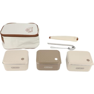 3 Stuks Lunchbox Set 600ML Magnetronbestendig Roestvrijstalen Lunchcontainer met Tas Eetstokjes Lepel white