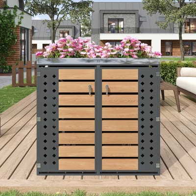 MODFU - Afvalbakombouw - Met Geïntegreerde Plantenbak En Afsluitbare Deuren - Modern - Voor Buiten - Verzinkt Staal - Grijs Met Houtlook