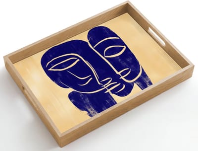 Dienblad hout 50x35 cm - Schootdienblad - Okergeel - Blauw - Eenvoudige lijnen - Borrelplank rechthoek - Plateau dienbladen