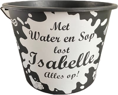 Hip met Pit Creaties - Emmer "Met Water en Sop lost [Naam] Alles op" 12L Gepersonaliseerd - Zwart Witte Sticker - Cadeau Emmer - Naam via Mail